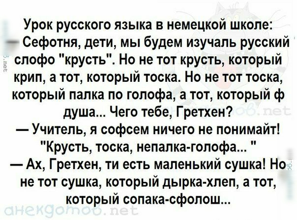 Урок русского языка в немецкой школе Сефотня дети мы будем изучаль русский спофо крусть Но не тот крусть который крип а тот который тоска Но не тот тоска который папка по голофа а тот который ф душа Чего тебе Гретхен Учитель я софсем ничего не понимайт Крусть тоска непалка гопофа Ах Гретхен ти есть маленький сушка Но не тот сушка который дырка хпеп а тот который сопака сфопош