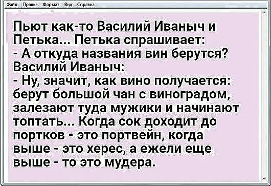 о п м в Пьют как то Василий Иваныч и Петька Петька спрашивает А откуда названия вин берутся Василий Иваныч Ну значит как вино получается берут большой чан с виноградом залезают туда мужики и начинают топтать Когда сок доходит до портков это портвейн когда выше это херес а ежели еще выше то это мудера