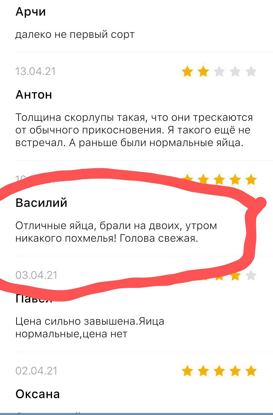Арчи далеко не первый сорт тжщт Антон Толщина скорлупы такая что они трескаются от обычного прикосновения Я такого ещё не встречал А раньше были нормальные яйца Василий Отличные яйца брали на двоих утром никакого похмелья Голова свежая 030421 Цена сильно завышенаЯица нормальныецена нет ожшт Оксана