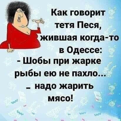 Как говорит тетя Песя жившая когдато в Одессе Шобы при жарке рыбы ею не пила _ надо жарить мясо