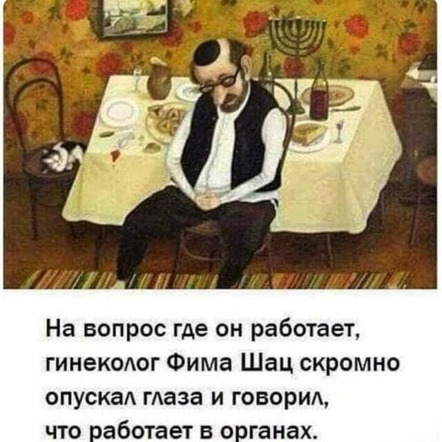 На вопрос где он работает гинек0Аог Фима Шац скромно спуска гАаза и говорид что работает в органах
