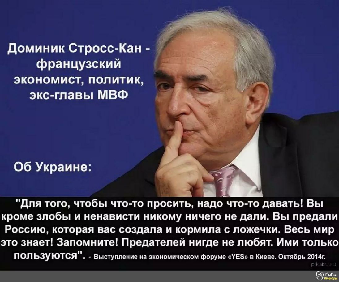 доминик Стросс Кан французский экономист политик экс главы МВФ Об Украине для того чтобы что то просить надо что то давать Вы кроме злобы и ненависти никому ничего не дали Вы предали Россию которая вас создала и кормила с ложечки Весь мир это знает Запомните Предателей нигде не любят Ими только ПОЛ ЬЗУЮТСЯ Выступление на экономическом форуме УЕЗ в Киеве Октябрь 2014г нь Ги