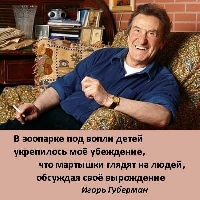 В зоопарке под вопли детей укрепилось моё убеждение что мартышки глядит на людей обсуждая своё вырождение Игорь Губермпн