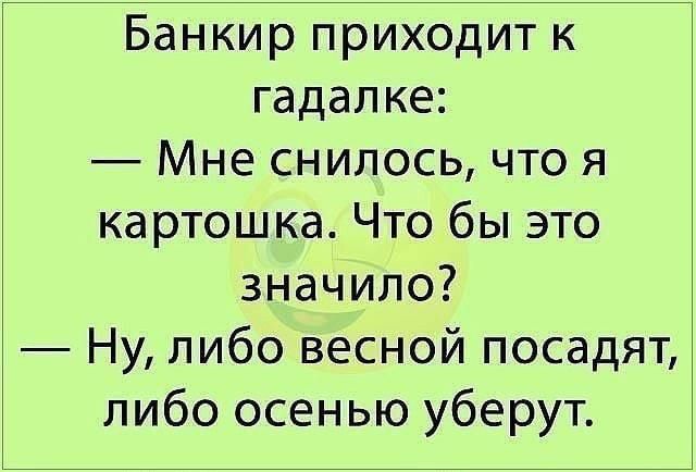Банкир приходит к гадалке Мне снилось что я картошка Что бы это значило Ну либо весной посадят либо осенью уберут