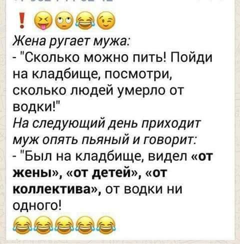 СФЭС Жена ругает мужа Сколько можно пить Пойди на кладбище посмотри сколько людей умерло от водки На следующий день приходит муж опять пьяный и говорит Был на кладбище видел от жены от детей от коллектива от водки ни одного 8838
