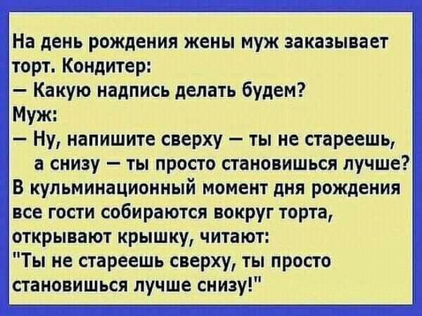 На день рождения жены муж заказывает торт Кондитер Какую надпись делать будем Муж Ну напишите сверху ты не стареешь а снизу ты просто становишься лучше В кульминационный момент дня рождения все гости собираются вокруг торта открывают крышку читают Ты не стареешь сверху ты просто істановишься лучше снизу