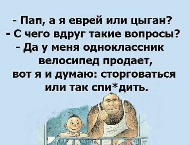 Пап а я еврей или цыган С чего вдруг такие вопросы да у меня одноклассник велосипед продает вот я и думаю сторговаться или так спидить