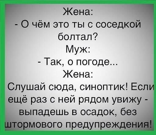 Жена О чём это ты с соседкой болтап Муж Так о погоде Жена Слушай сюда синоптик Есл ещё раз с ней рядом увижу выпадешь в осадок без мового предупрежд