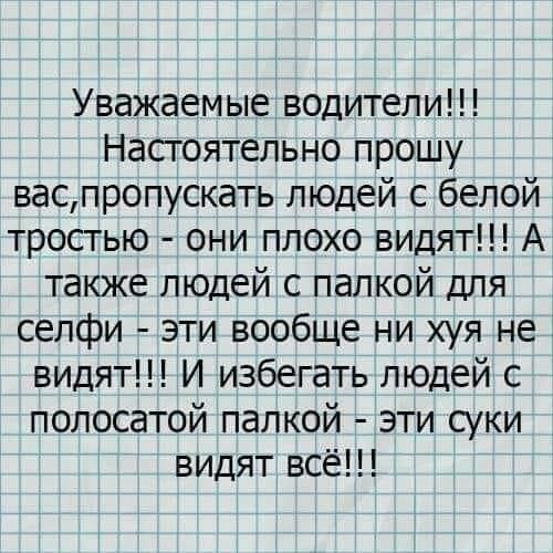 Уважаемые водители Настоятельно прошу васпропускать людей с белой тростью они плохо видят А также людей с палкой для селфи эти вообще ни хуя не видят И избегать людей с полосатой палкой эти суки видят всё