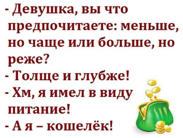 Девушка вы что предпочитаете меньше но чаще или больше но реже Толще и глубже _ Хм я имел в виду питание А я кошелёк