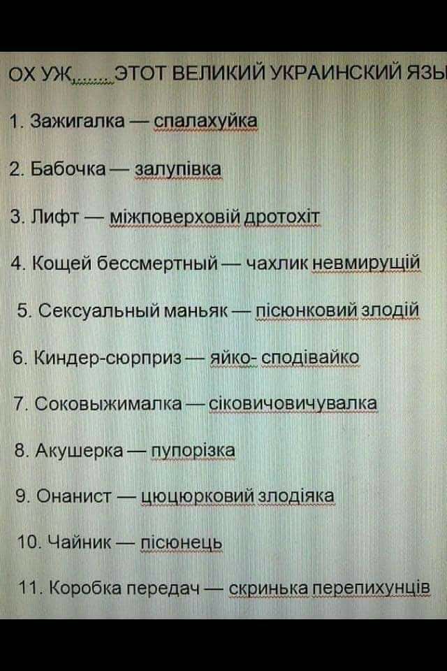 ох уж этот ВЕЁИКИЙУКР 1 Зажигалка 9п953щ 2 Бабочка ёёЛУШБё 3 Лифт _ міжповерховій дротохл 4 Кащей бессмертный_ чахлик ненмирущЩ 5 Сексуальный маньяк пісюнковийвподій 6 Киндер сюрприз яйк0__ сподівайко 7 Соковыжимапка сіковичовичувапка 8 Акушерка пупорізка 9 Онанист цюцюрковий зподіяка 10 Чайник пісюнець 11 Коробка передач сцриырка ценами Ща