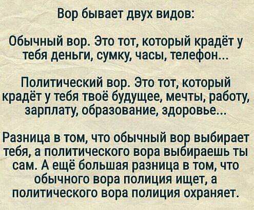 Вор бывает двух видов Обычный вор Это тот который крадёт у тебя деньги сумку часы телефон Политический вор Это тот который крадёт у тебя твоё будущее мечты работу зарплату образование здоровье Разница в том что обычный во выбирает тебя а политического вора вы ираешь ты сам А ещё большая разница в том что обычного вора полиция ищет политического вора полиция охраняет