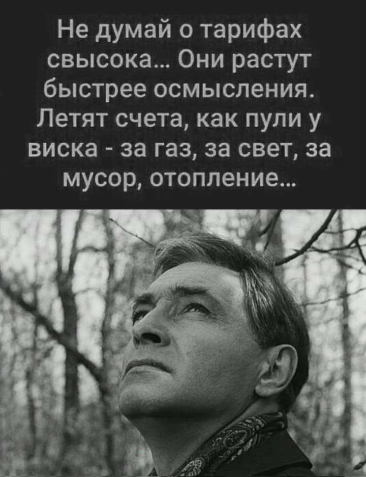 Не думай о тарифах свысока Они растут быстрее осмысления Летят счета как пули у виска за газ за свет за МУСОР ОТОПЛЭНИЭ