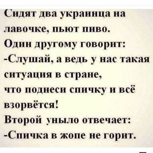 Сидят два украинца на лавочке пьют пиво Один другому говорит Слушай а ведь у нас такая ситуация в стране что поднеси спичку и всё взорвётся Второй уныло отвечает Спичка в жопе не горит