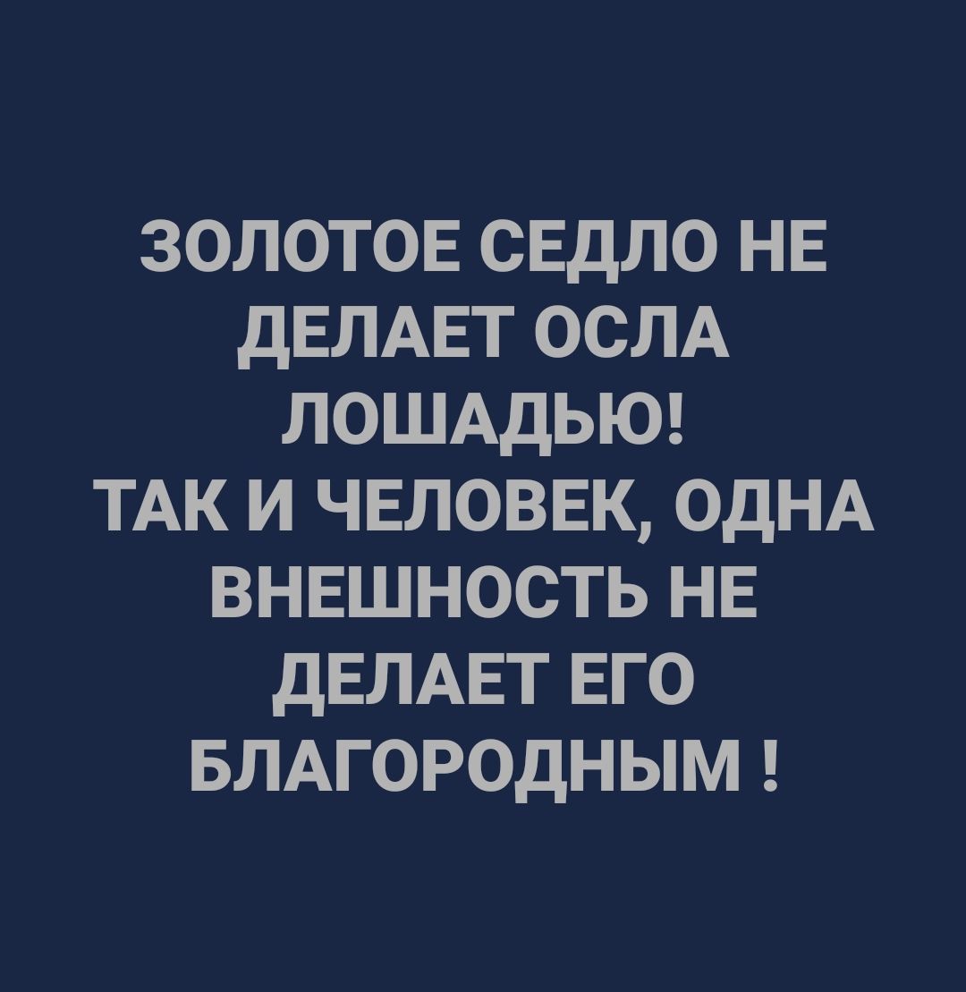 ЗОЛОТОЕ СЕДЛО НЕ дЕЛАЕТ ОСЛА ПОШАДЬЮ ТАК И ЧЕЛОВЕК ОДНА ВНЕШНОСТЬ НЕ ДЕЛАЕТ ЕГО БЛАГОРОДНЫМ