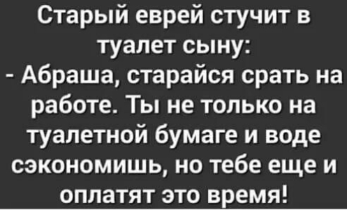 Старый еврей стучит в туалет сыну Абраша старайся срать на работе Ты не только на туалетной бумаге и воде сэкономишь но тебе еще и оплатят это время