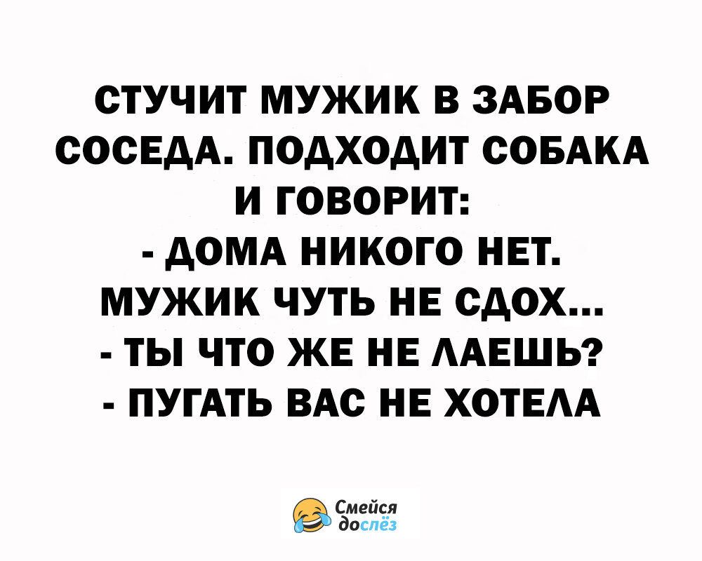 ОТУЧИТ МУЖИК В ЗАБОР ОООЕДА ПОДХОДИТ СОБАКА И ГОВОРИТ АОМА НИКОГО НЕТ МУЖИК ЧУТЬ НЕ ОДОХ ТЬ ЧТО ЖЕ НЕ ААЕШЬ ПУГАТЬ ВАО НЕ ХОТЕАА Смейэя доспез