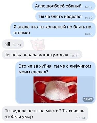 Алло допбоеб ебаный 39 Ты че блять наделал 39 я знала что ты конченый но блять на только ЧЁ и Ты чё разоралась контуженая Это че за хуйня ты че слиФчиком моим сделал Ты видела цены на маски Ты хпчешь чтобы я умер Ад