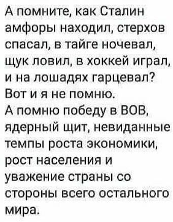 А помните как Сталин амфоры находил стерхов спасал в тайге ночевал щук ловил в хоккей играл и на лошадях гарцевал Вот и я не помню А помню победу в ВОВ ядерный щит невиданные темпы роста экономики рост населения и уважение страны со стороны всего остального мира