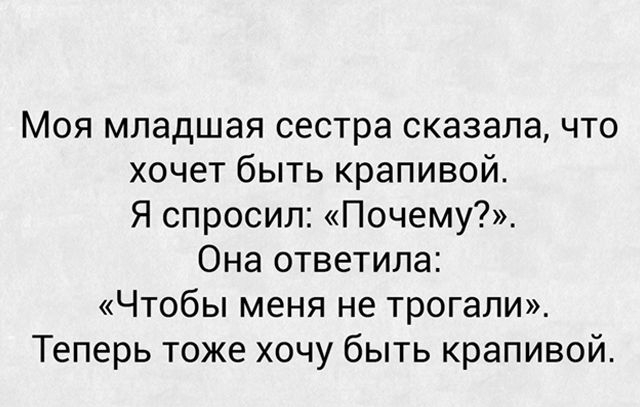 Моя младшая сестра сказалачто хочет быть крапивой Я спросил Почему Она ответила Чтобы меня не трогали Теперь тоже хочу быть крапивой