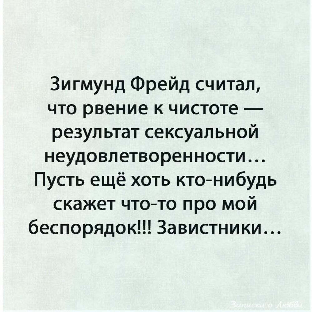 Зигмунд Фрейд считал что рвение к чистоте результат сексуальной неудовлетворенности Пусть ещё хоть кто нибудь скажет что то про мой беспорядок Завистники