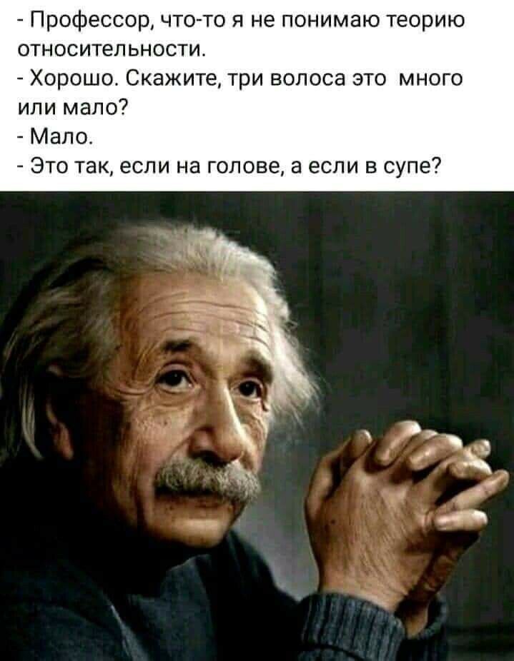Профессор что то я не понимаю теорию относительности Хорошо Скажите три волоса это много или мало Мало Это так если на голове а если в супе