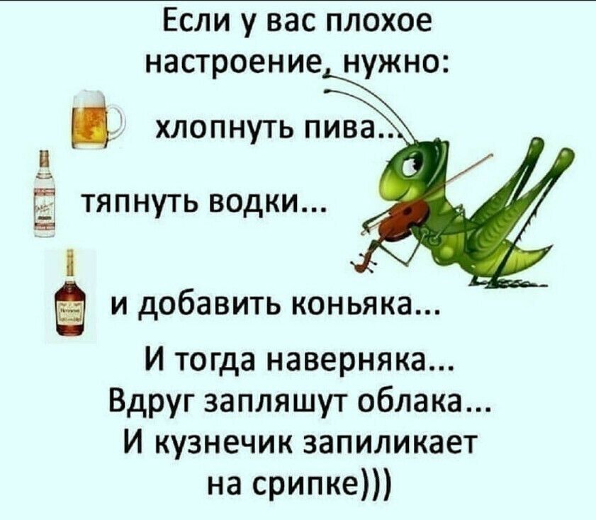 Если у вас плохое настроение нужно хлопнуть пива Е тяпнуть водки И дОбЗВИТЬ КОНЬЯКЗ И тогда наверняка Вдруг запляшут облака И кузнечик запиликает на срипке