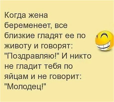 Когда жена беременеет все близкие гладят ее по животу и говорят Поздравляю И никто не гладит тебя по яйцам и не говорит Молодец