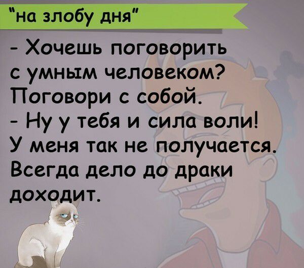 Хочешь поговорить с умным человеком Поговори с собой Ну у тебя и сила воли У меня так не получается Всегда дело до драки доходит дё КЖ