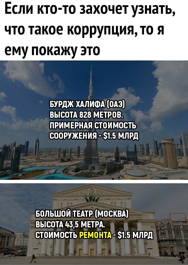 Если кто то захочет узнать что такое коррупция то я ему покажу это БУРдЖ ХАЛИФА ОАЭ ВЫСОТА 828 МЕТРОВ ПРИМЕРНАЯ СТОИМОСТЬ СООРУЖЕНИЯ 515 МЛРД БОЛЬШОЙ ТЕАТР МОСКВА ВЫСОТА 435 МЕТРА СТОИМОСТЬ РЕМОНТА 15 МЛРД