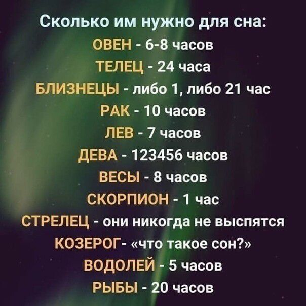 Сколько им нужно для сна ОВЕН 6 8 часов ТЕЛЕЦ 24 часа БЛИЗНЕЦЫ либо 1 либо 21 час РАК 10 часов ЛЕВ 7 часов дЕВА 123456 часов ВЕСЫ 8 часов СКОРПИОН 1 час СТРЕЛЕЦ они никогда не выспятся КОЗЕРОГ что такое сон водолвй 5 часов РЫБЫ 20 часов