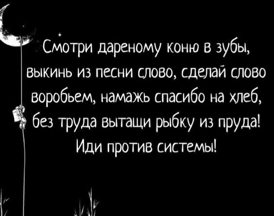 Сиотри дареному коню в зубы выкинь из песни слово сделай слово воробьем намджь спасибо на хлеб без труда вытащи рыбку из пруда Иди против системы у и