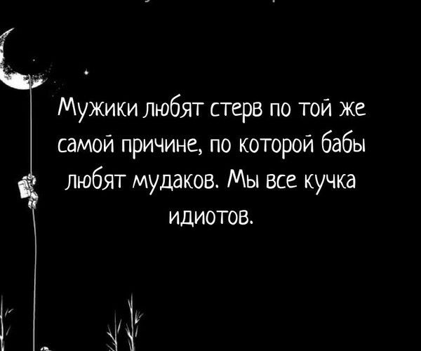 Ё Мужики любят стерв по той же самой причине по которой бабы любят мудаков Мы все кучка ИДИОТОВ