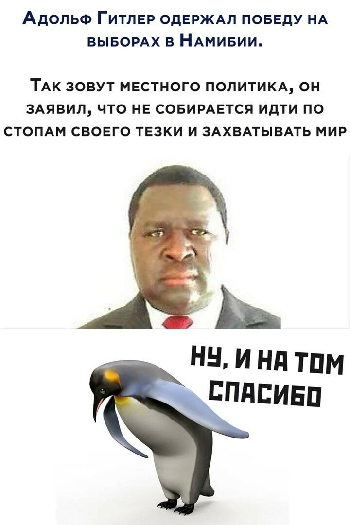Адольф ГИТЛЕР ОдЕРЖАЛ поввду НА ВЫБОРАХ в НАмивии ТАК ЗОВУТ МЕСТНОГО ПОЛИТИКА ОН ЗАЯВИЛ ЧТО НЕ СОБИРАЕТСЯ ИдТИ ПО СТОПАМ СВОЕГО ТЕЗКИ И ЗАХВАТЫВАТЬ МИР НН И Нд ТПМ ЕПдЕИЕП