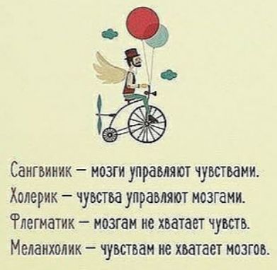 Сангвиник мозги управляют чувствами Холерик чувства управляют мозгами легнатик мозгам не хватает чувств Меланхолик чувствам не хватает мозгов