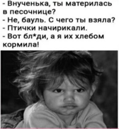 Внученька ты материпась в песочнице Не бауль С чего ты взяла Птички нвчирикапи Вот блди а я их хлебом кормила