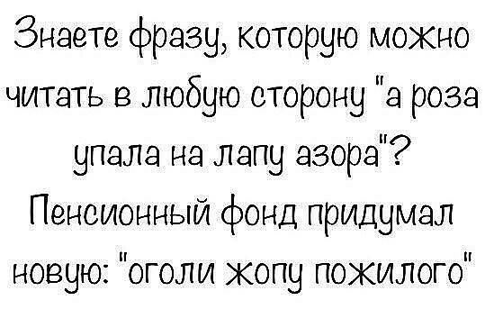 Знаете фразу которую мокно читать в любую сторону а роза упала на лапу взора Пенсионный фонд придумал новую оголи копу пожилого