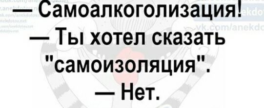 Самоапкоголизация Ты хотел сказать самоизопяция Нет