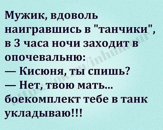 Мужик вдоволь наигравшись в танчики в 3 часа ночи заходит в опочевальню Кисюня ты спишь Нет твою мать боекомплект тебе в танк укладываю
