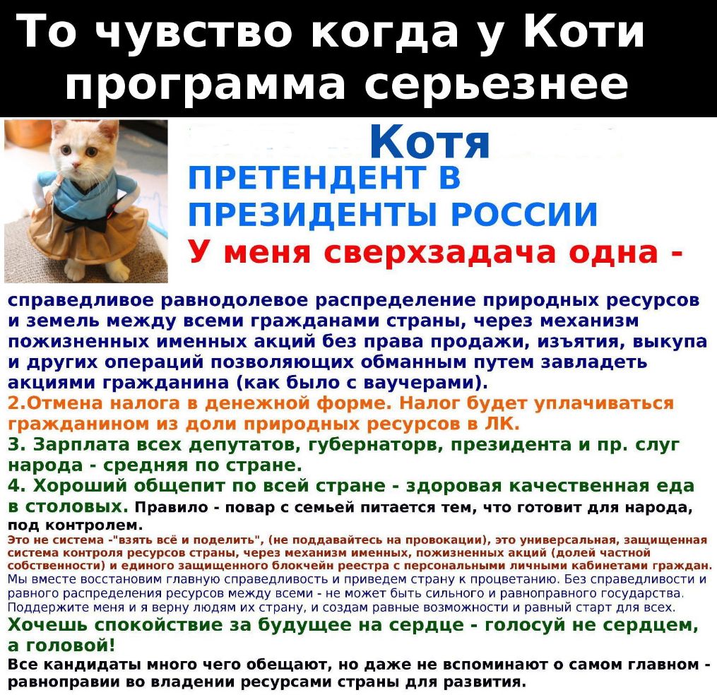 То чувство когда у Коти программа серьезнее _ ЭЦ Котя ог ПРЕТЕНДЕНТ В ПРЕЗИДЕНТЫ РОССИИ справедливое равнодолевое распределение природных ресурсов и земель между всеми гражданами страны через механизм пожизненных именных акций без права продажи изъятия выкупа и других операций позволяющих обманным путем завладеть акциями гражданина как было с ваучерами 3 Зарплата всех депутатов губернаторв президе