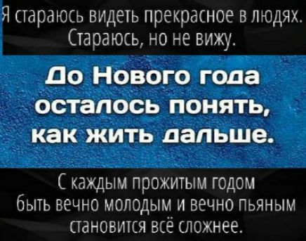 Япараюсь видеть прекрасное влюдях Стараюсь но не вижу __ до нового года осталось понять 1 как жить дальше каждым прожитым годом быть вечно молодым и вечно пьяным пановится всё сложнее