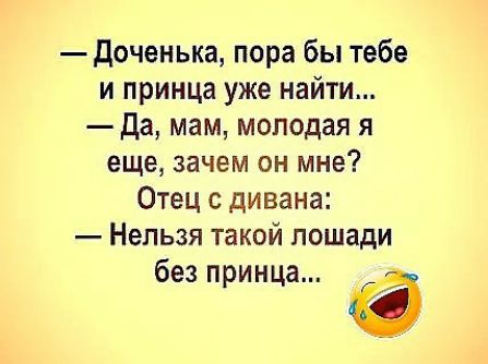 доченька пора бы тебе и принца уже найти Да мам молодая я еще зачем он мне Отец с дивана Нельзя такой лошади без принца а