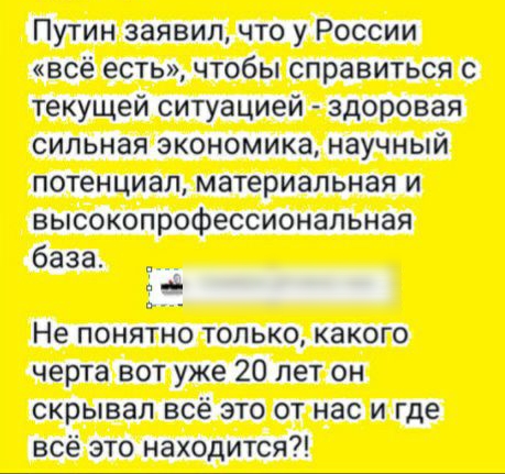 Путин заявил что у России всё есть чтобы справиться с текущей ситуацией здоровая сильная экономика научный потенциал материальная и высокопрофессионапьная база 2 Не понятно только какого черта вот уже 20 лет он скрывал всё это от нас и где всё это находится