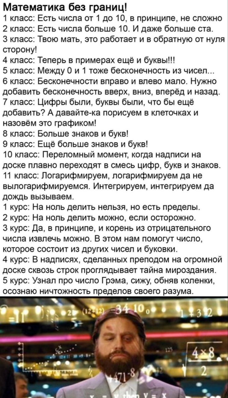 Математика без границ 1 класс Есть числа от 1 до 10 в принципе не сложно 2 класс Есть числа больше 10 И даже больше ста 3 класс Твою мать это работает и в обратную от нуля сторону 4 класс Теперь в примерах ещё и буквы 5 класс Между 0 и 1 тоже бесконечность из чисел 6 класс Бесконечности вправо и влево мало Нужно добавить бесконечность вверх вниз вперёд и назад 7 класс Цифры были буквы были что бы 