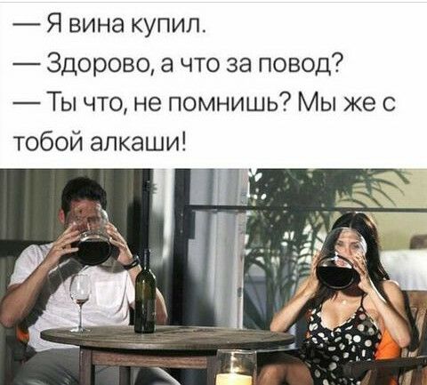 Я вина купил Здорово а что за повод Ты что не помнишь Мы же с тобой алкаши