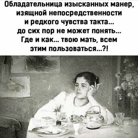 Обладательница изысканных манер изящной непосредственности и редкого чувства такта до сих пор не может понять Где и как твою мать всем этим пользоваться
