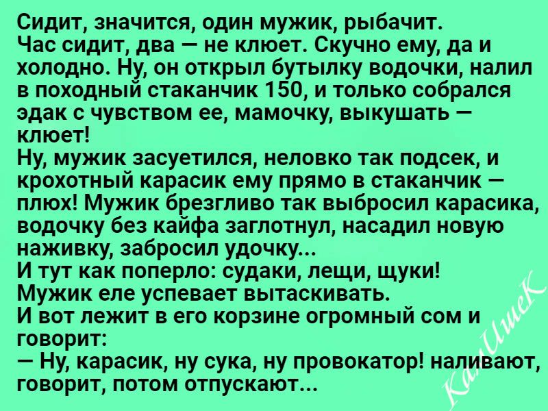 Сидит значится один мужик рыбачит Час сидит два не клюет Скучно ему да и холодно Ну он открыл бутылку водочки налил в походный стаканчик 150 и только собрался эдак с чувством ее мамочку выкушать клюет Ну мужик засуетился неловко так подсек и крохотный карасик ему прямо в стаканчик плюх Мужик брезгливо так выбросил карасика водочку без кайфа заглотнул насадил новую наживку забросил удочку И тут как