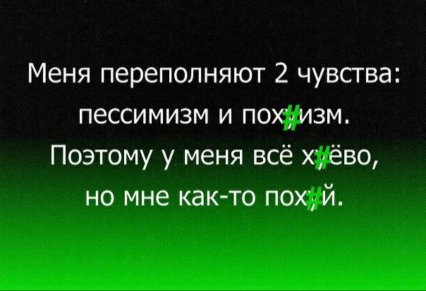 Меня переполняют 2 чувства пессимизм и поху изм Поэтому у меня всё хуёво но мне как то похуй