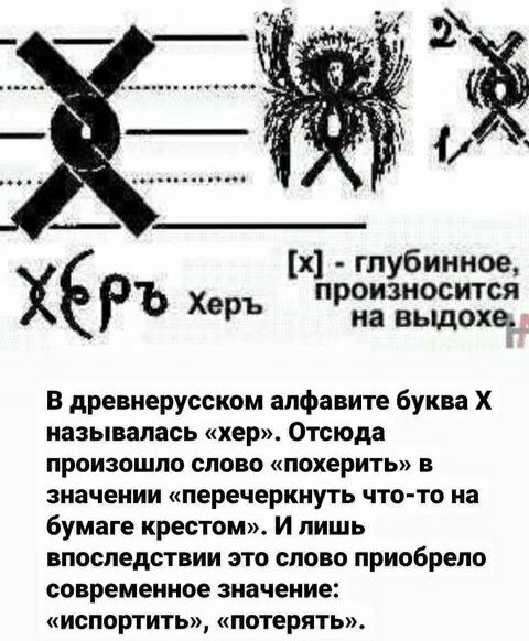 х глубинное п оизносится Х Ръ Херъ риа выдохе В древнерусском алфавите буква Х называлась хер Отсюда произошло слово похерить в значении перечеркнуть что то на бумаге крестом и лишь впоследствии это слово приобрело современное значение испортить потерять