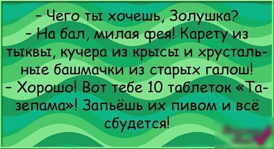 Чего ты хочешь Золушка На бал милая фея Карету из тыквы кучера из крысы и хрусталь ные бошмачки из старых галош Хорошо Вот тебе 10 таблеток Та зепама Запьёшь их пивом и всё сбудется